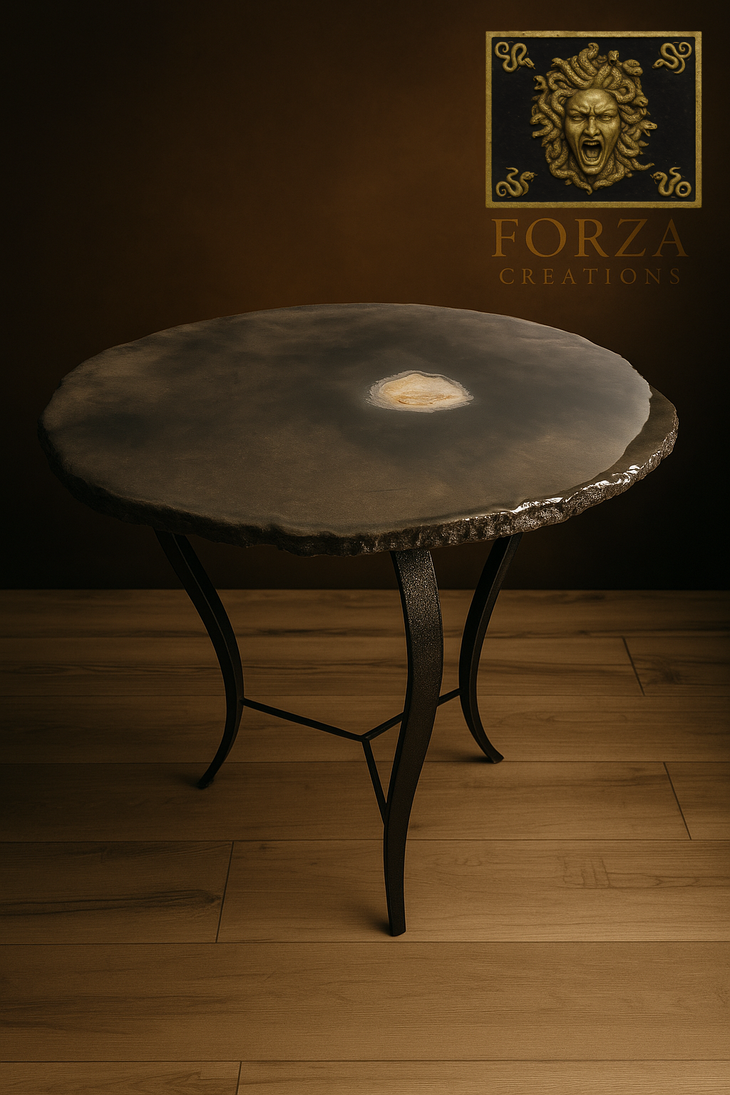 Meteor glow concrete table with central stone – cover view